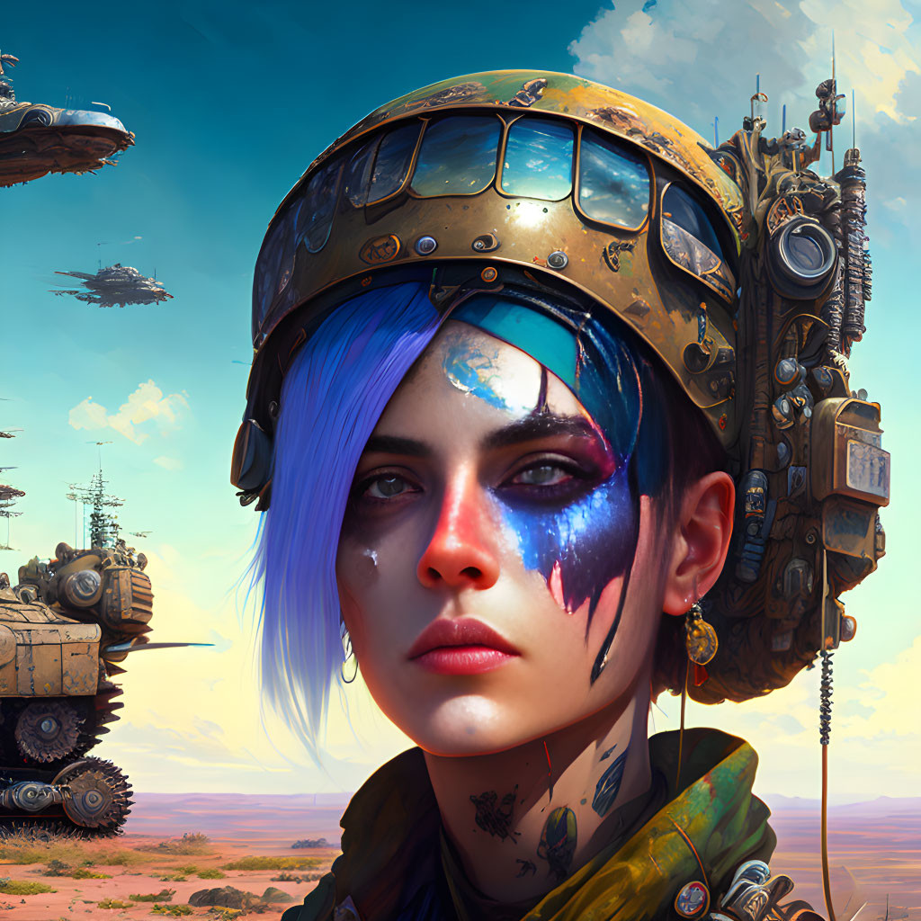 Blue-haired woman in face paint with intricate helmet in futuristic desert scene