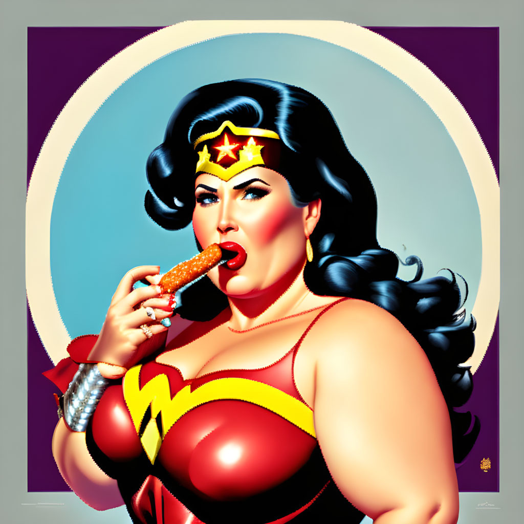 Curvy superheroine eating hot dog in red and gold costume on gradient backdrop.