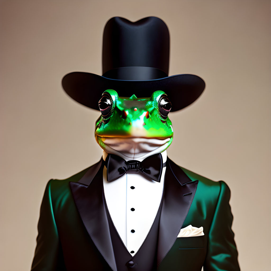 Whimsical frog with human body in tuxedo and top hat