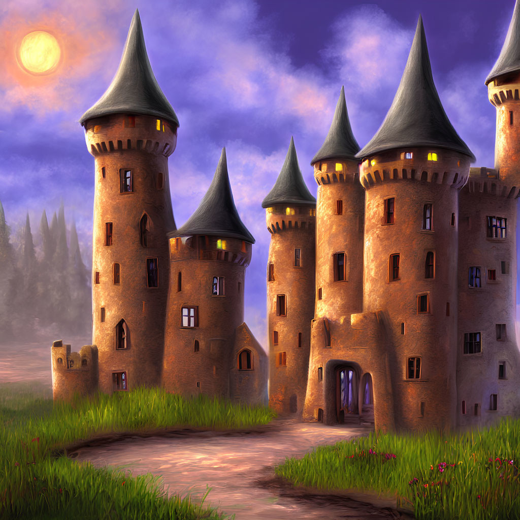Enchanting fairytale castle with tall turrets and lush surroundings at sunset