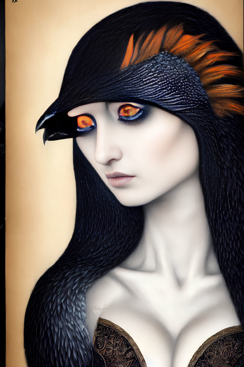 Surreal portrait of woman with avian features and orange eyes