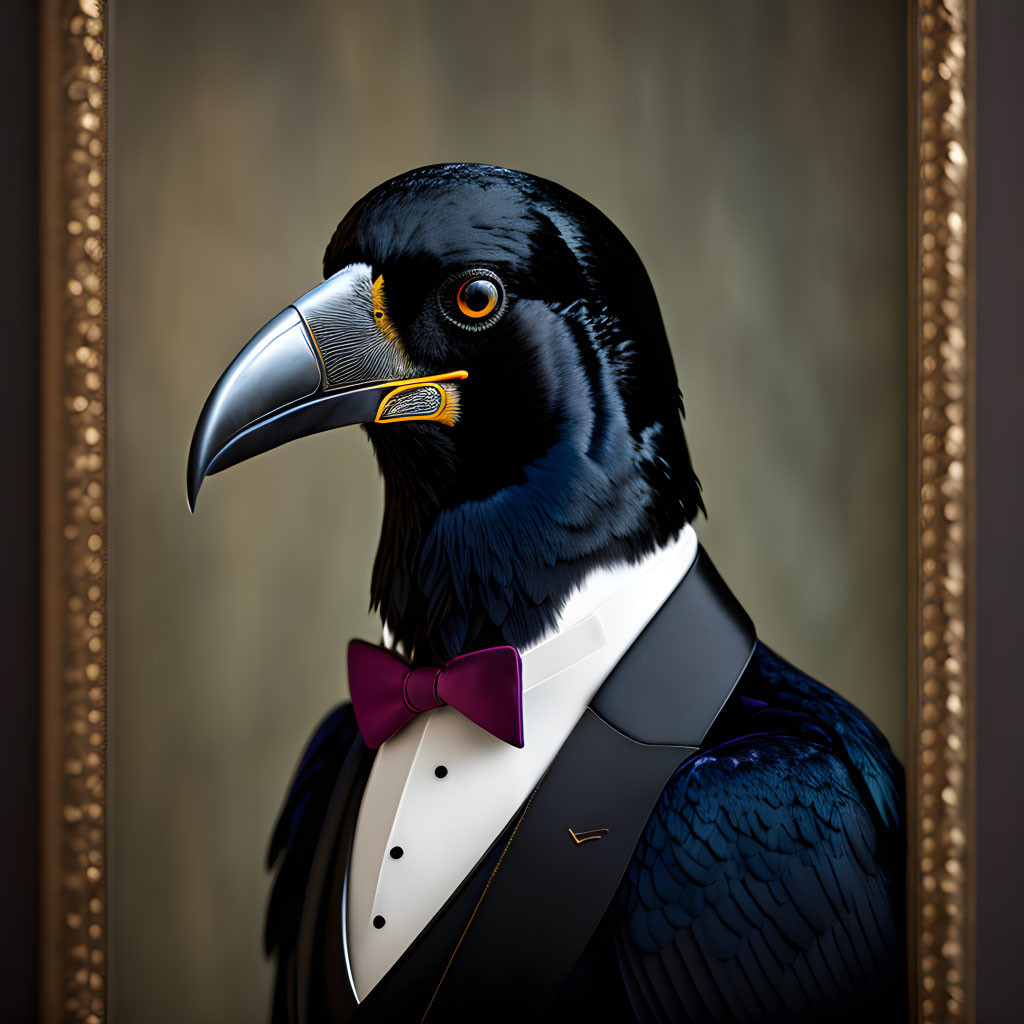 Anthropomorphic Raven in Tuxedo Portrait with Purple Bow Tie