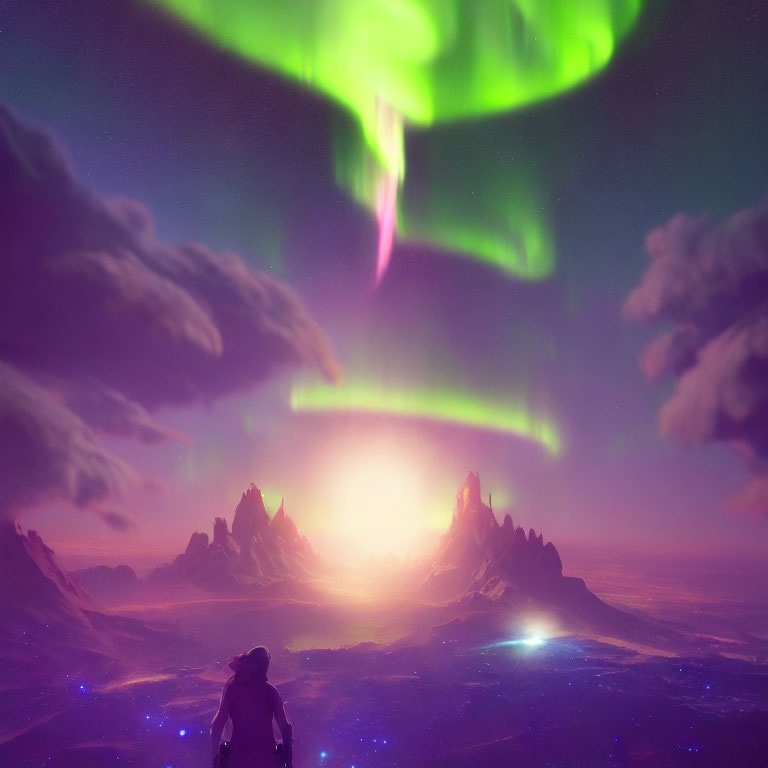 Person silhouette admiring vibrant aurora over mystical landscape