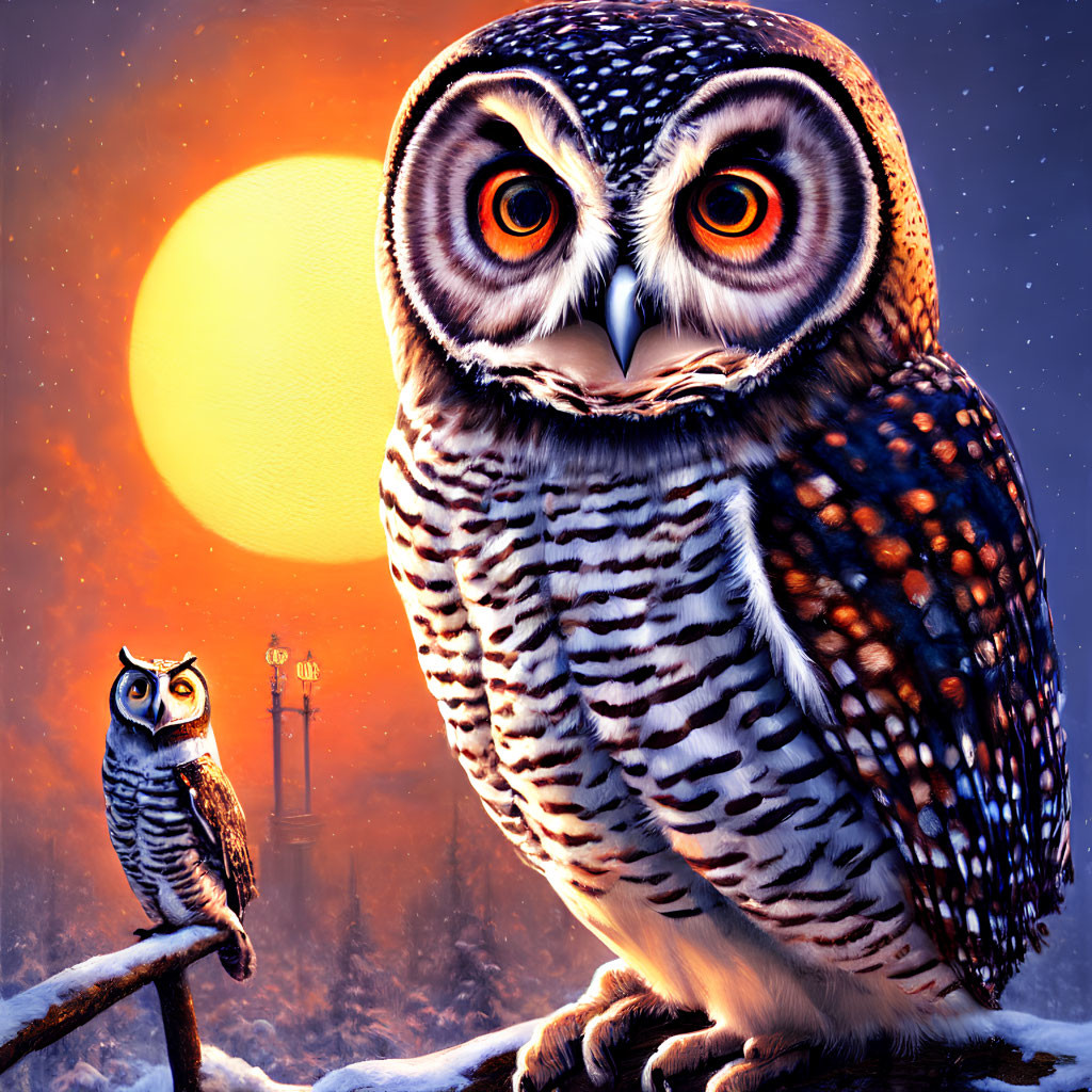 Illustrated owls on snowy moonlit landscape with distant castle
