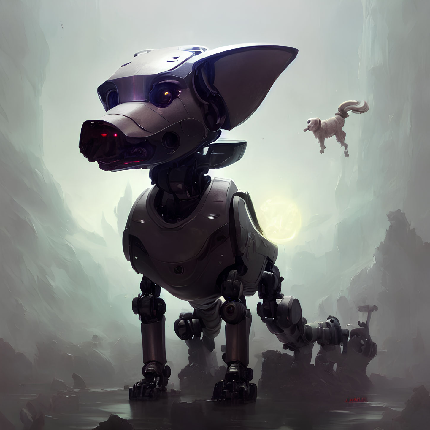 Stylized robotic dog in misty landscape with playful natural dog