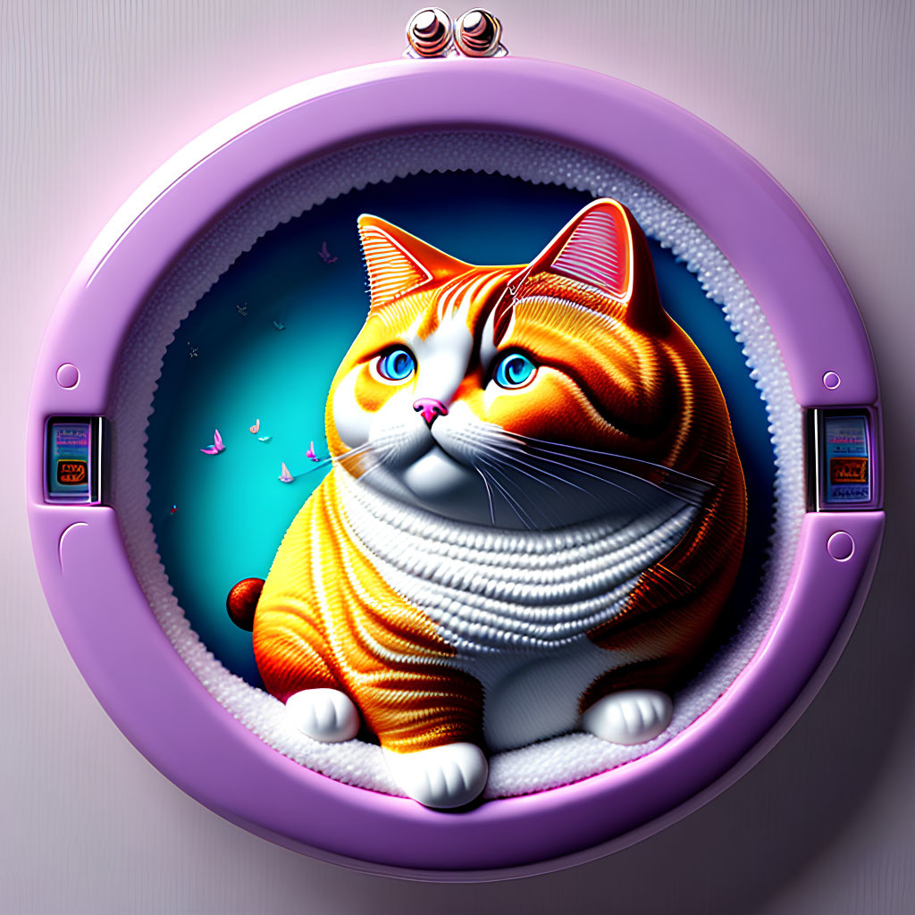 Orange and White Cat in Purple Frame on Cosmic Background