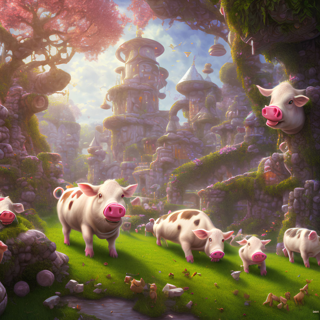 Cartoon pigs in fantastical landscape with floating platforms