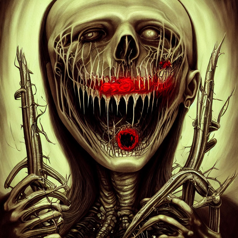 Eerie skeletal figure with red lips and stitched eye sockets in shadowy setting
