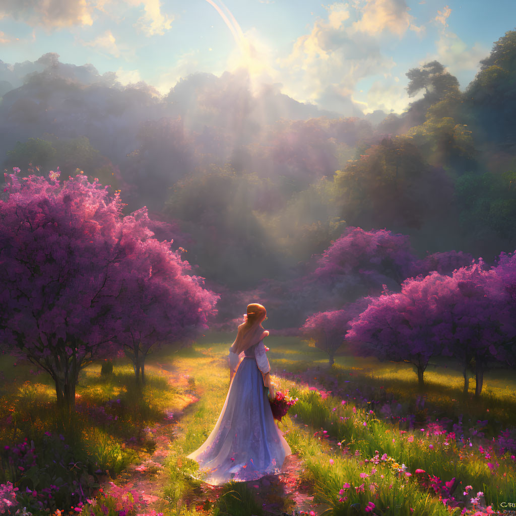 Woman in Long Dress Surrounded by Purple Flowering Trees on Forest Path