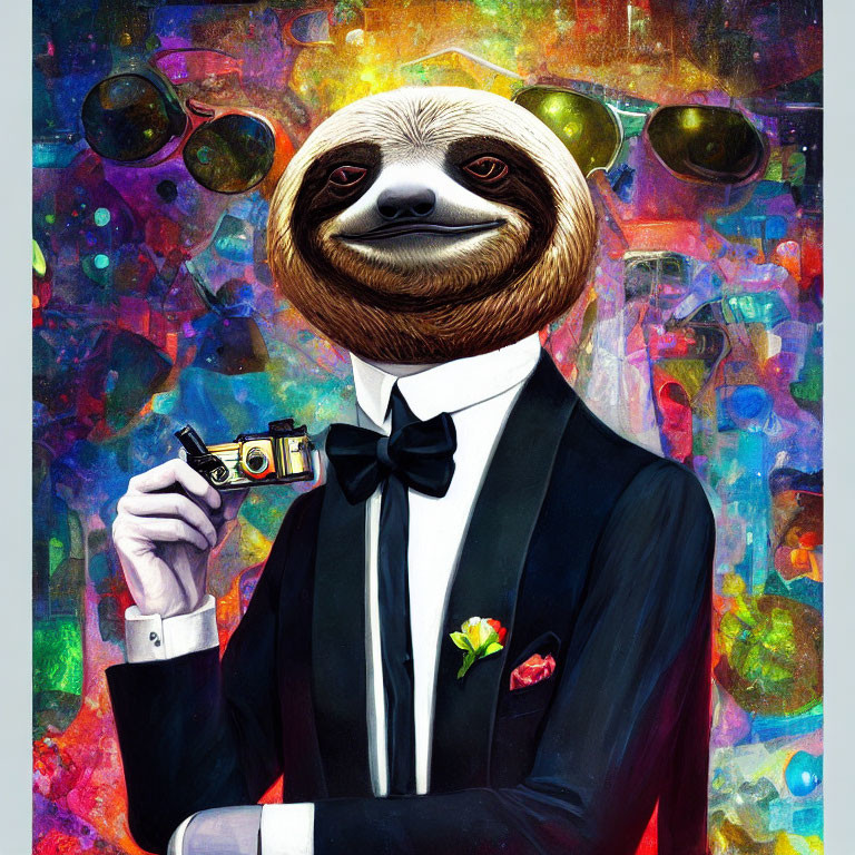 Colorful Psychedelic Sloth in Tuxedo with Camera and Bubbles