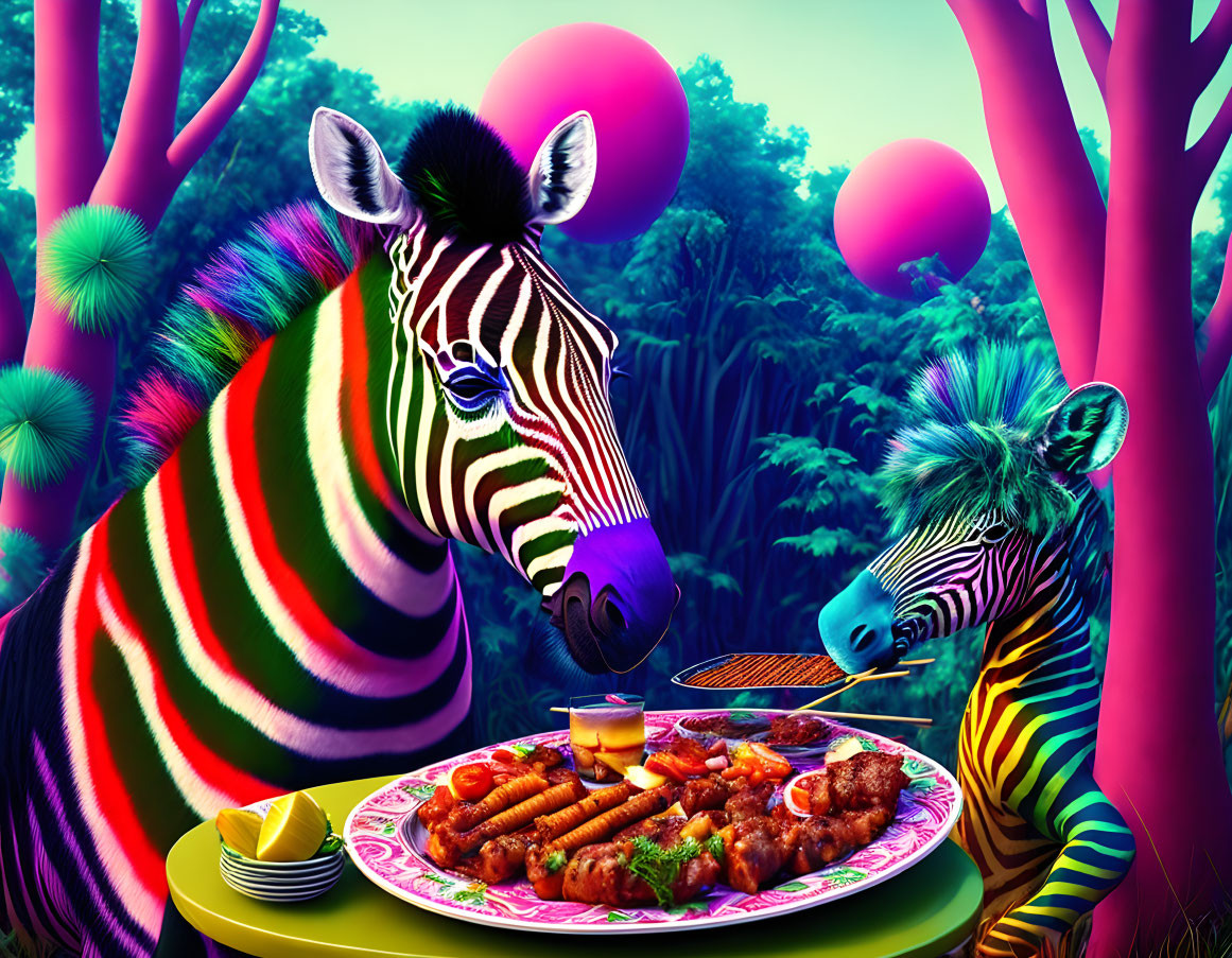Vividly Colored Zebras Dining in Surreal Forest with Pink Orbs