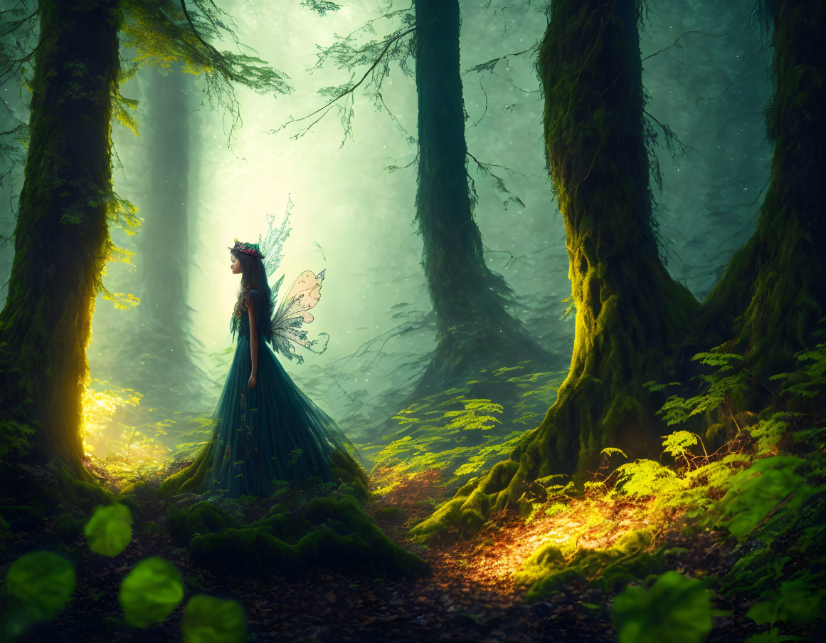 Person in regal gown with crown in surreal forest scene with magical creature on hand.