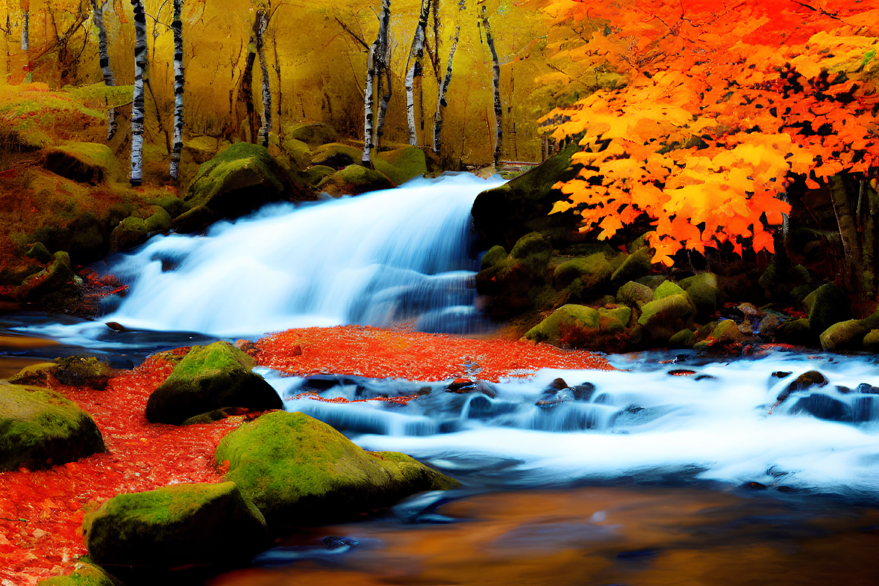 Scenic autumn waterfall with colorful foliage