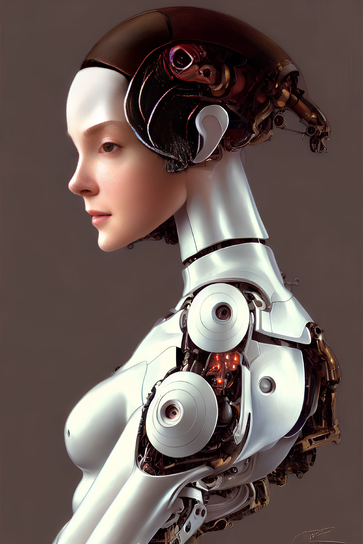 Female android with exposed mechanical parts on head and neck.
