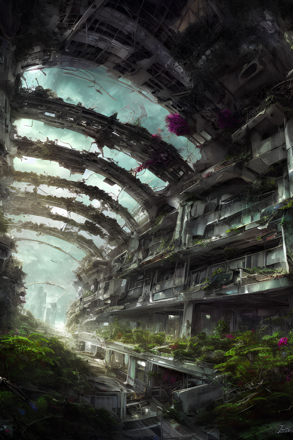 Abandoned cylindrical structure with overgrown plants and cityscape backdrop