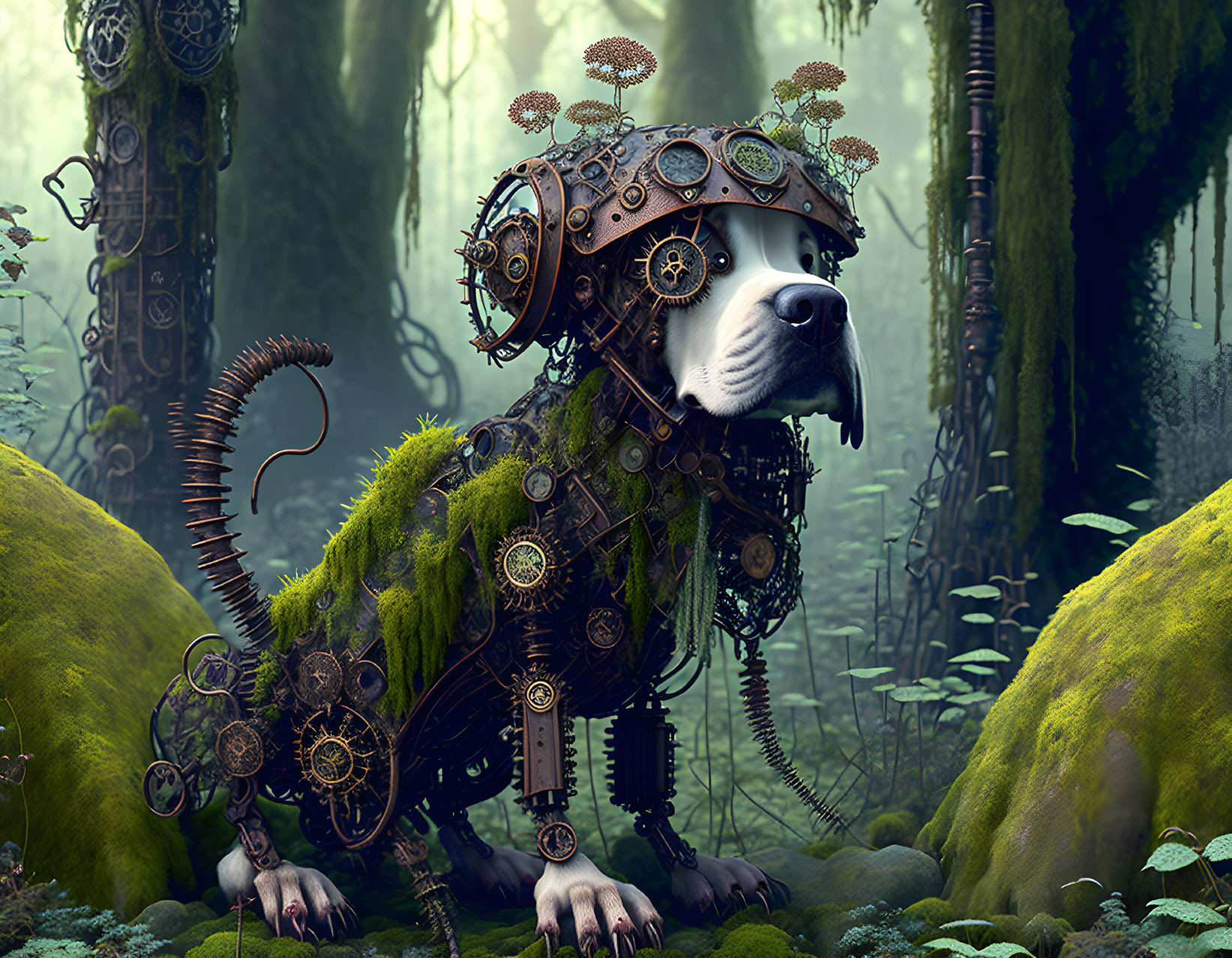 Mechanical dog covered in gears and plants in mystical forest