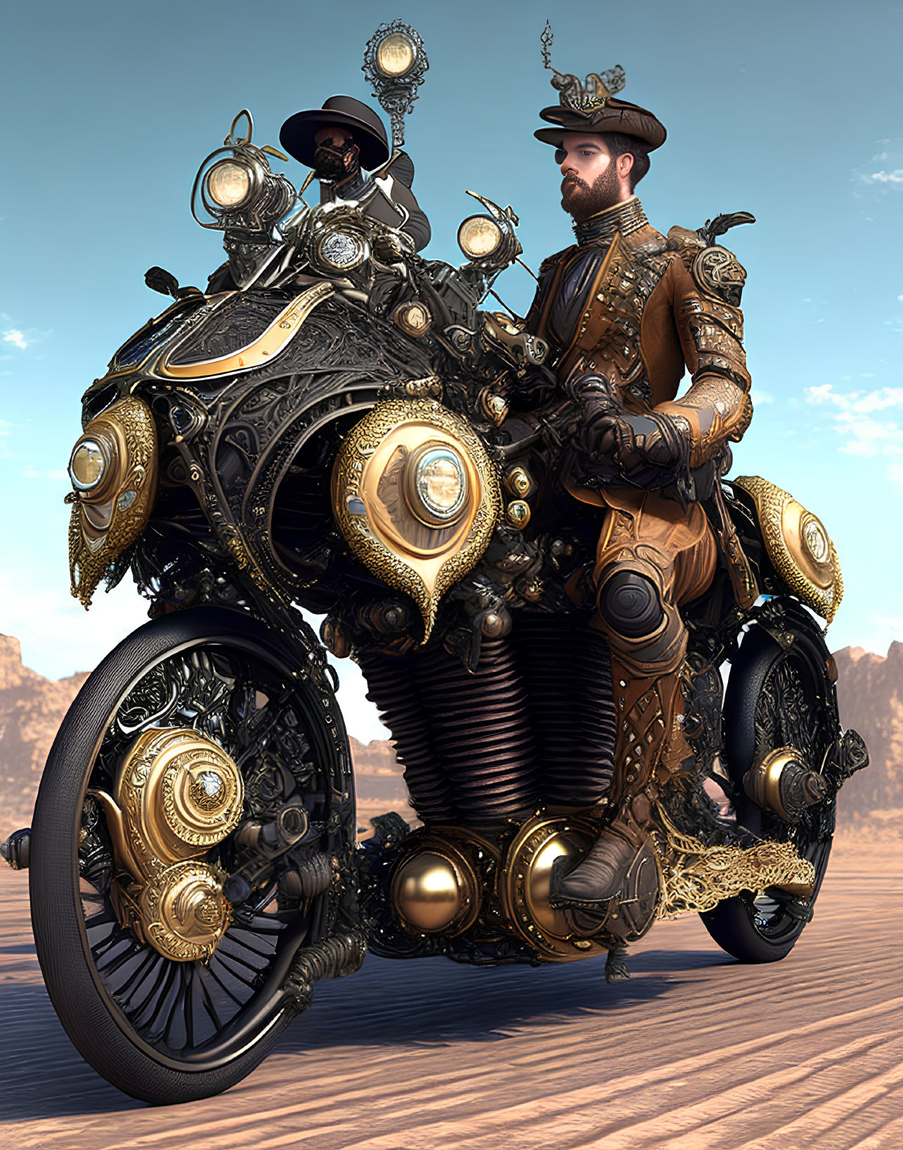 Steampunk-themed vintage motorcycle ride in desert setting
