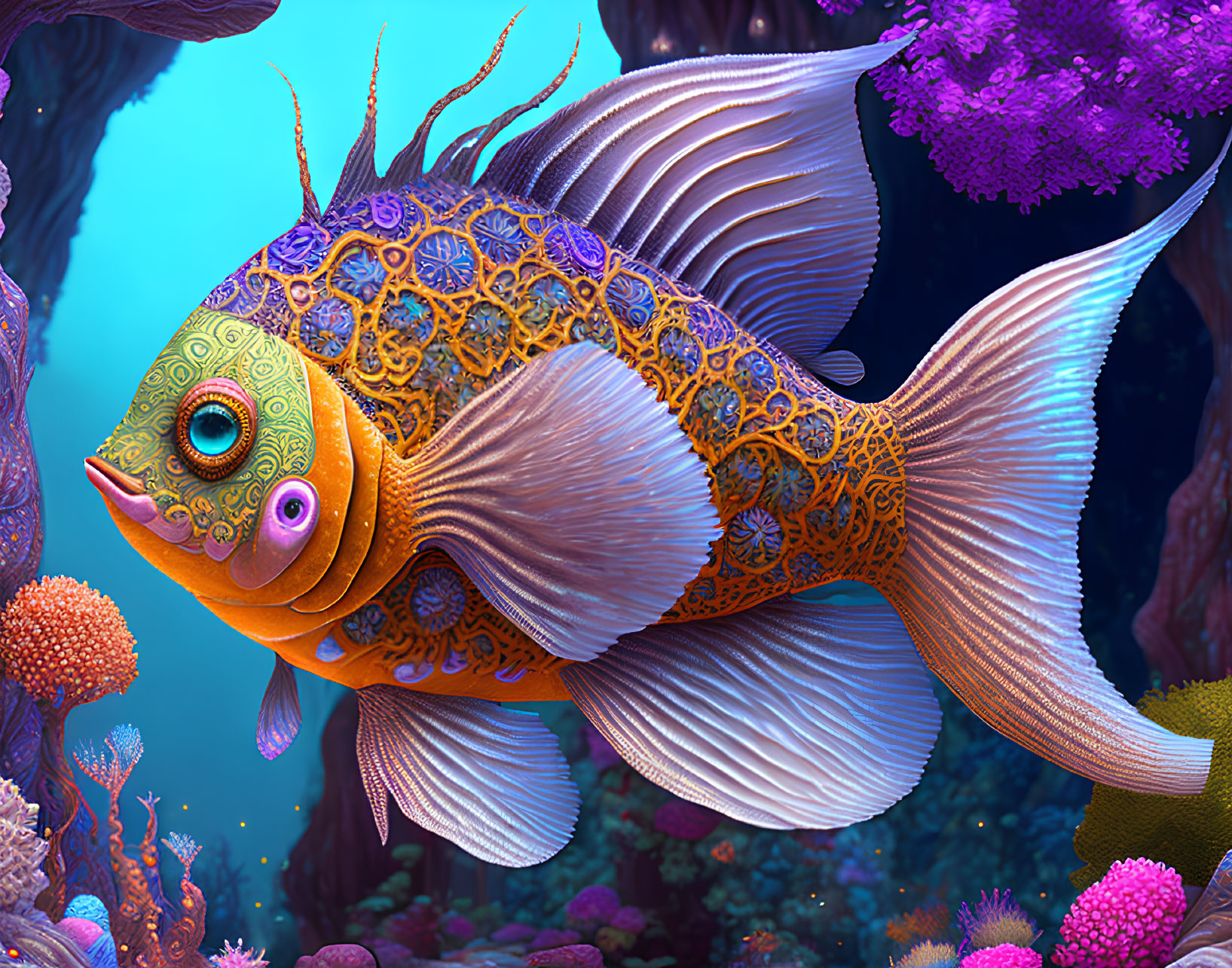 Colorful fish with intricate patterns in coral reef underwater scene