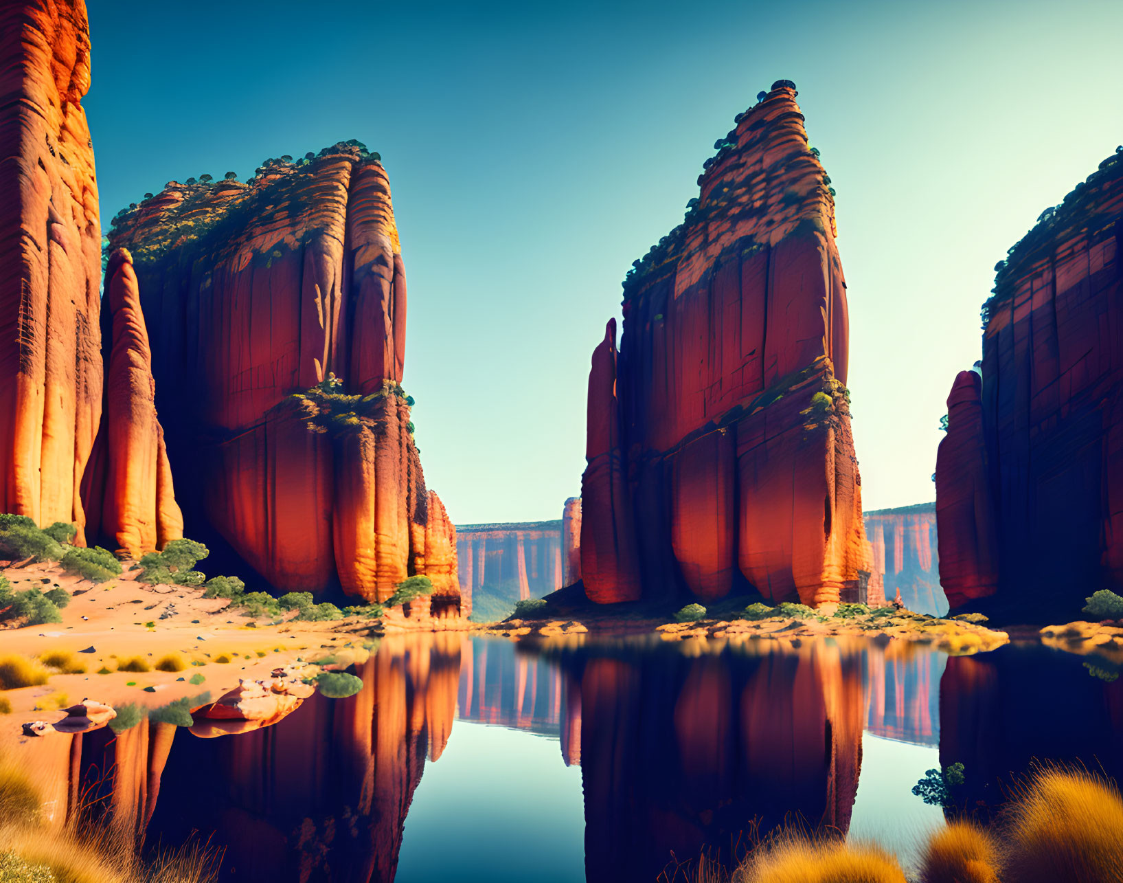 Majestic red sandstone cliffs mirrored in serene river under blue sky