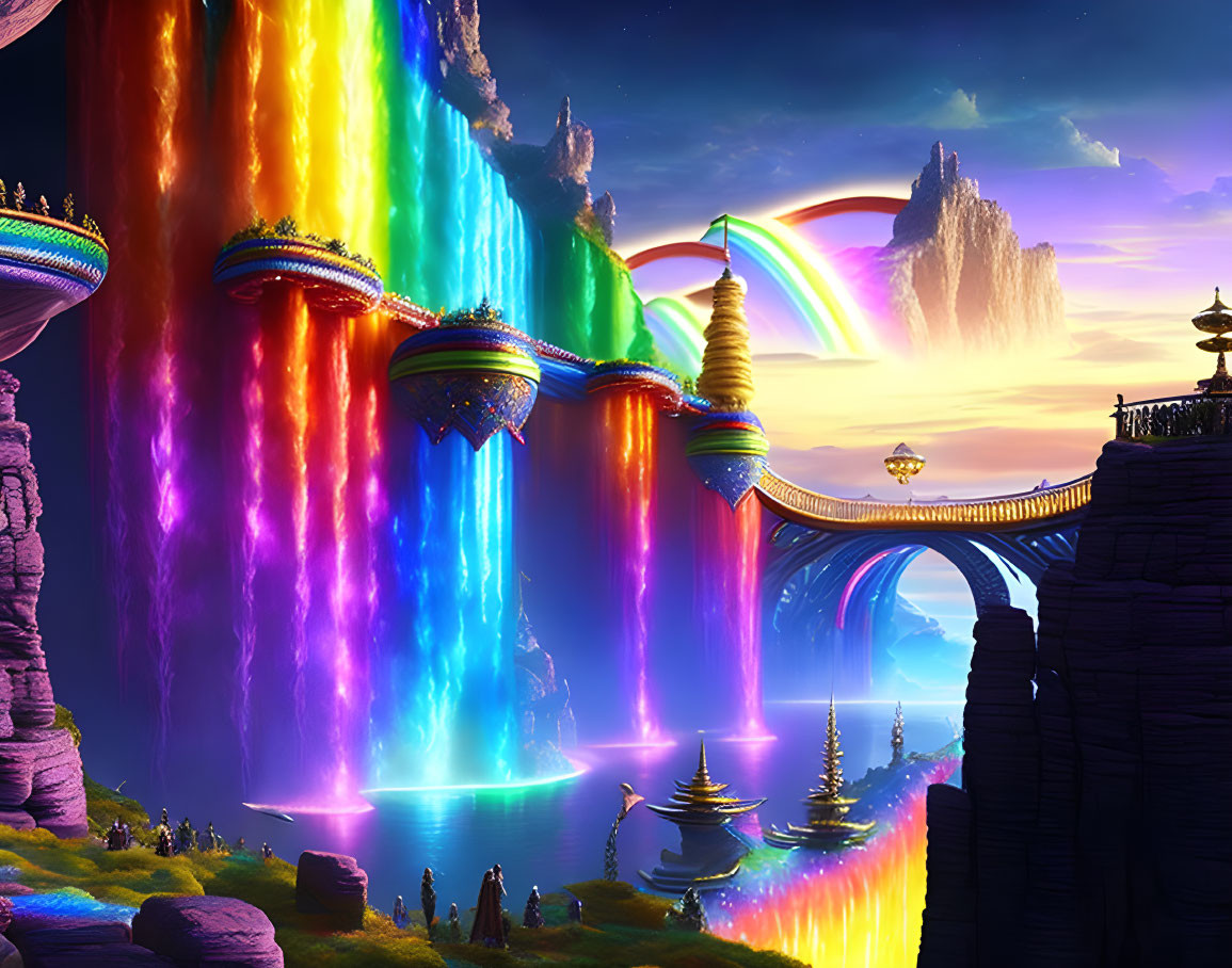 Multicolored Waterfalls and Floating Islands in Twilight Fantasy Landscape
