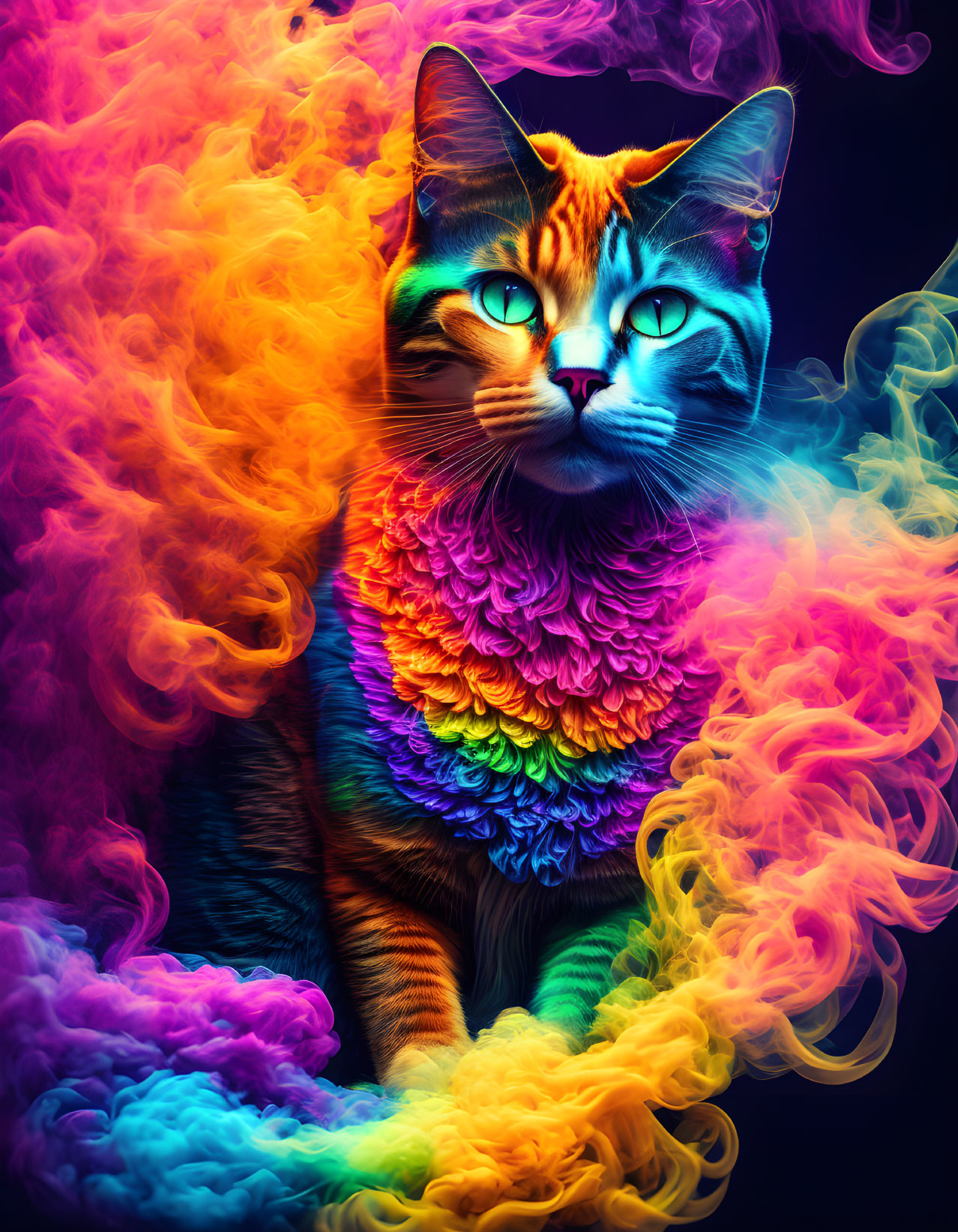 Colorful Cat Artwork: Multicolored Fur Texture in Neon Smoke