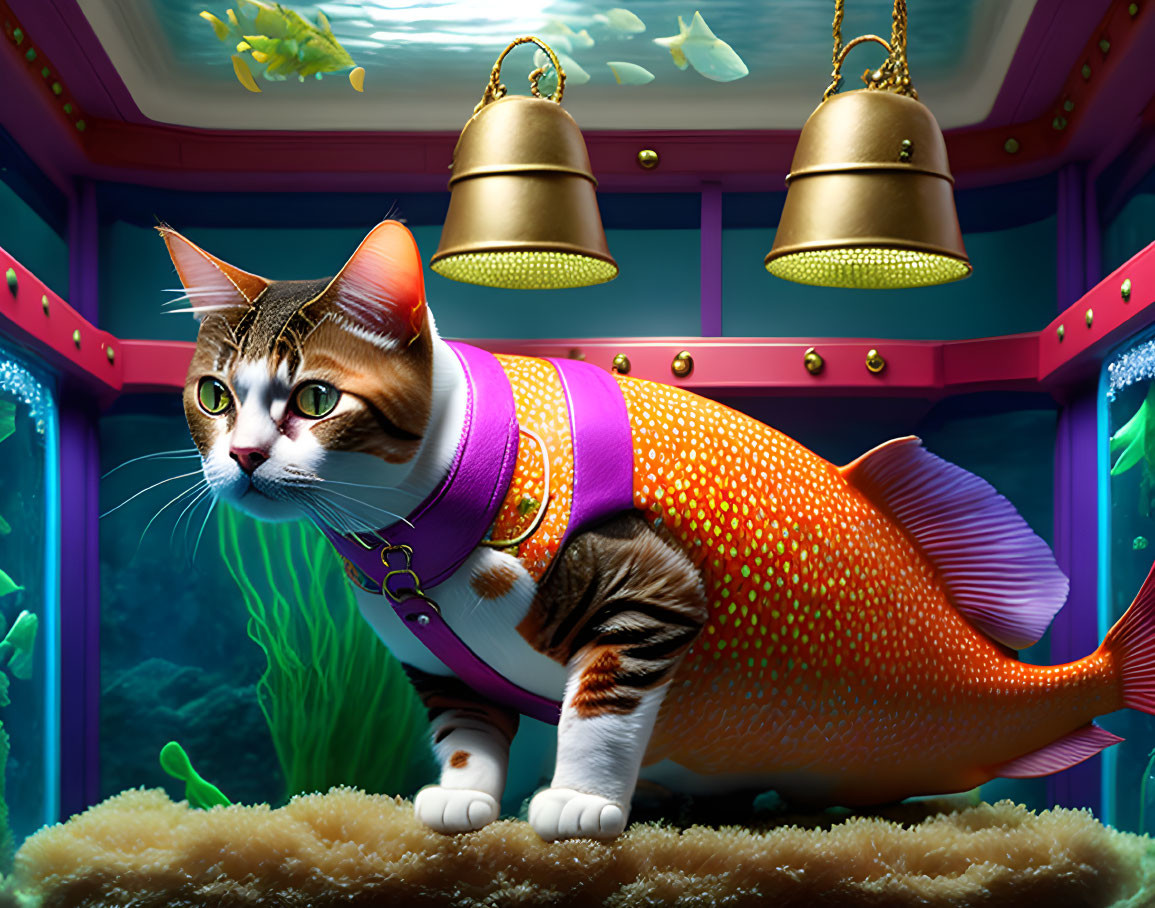 Fish-bodied Cat in Spacesuit Inside Submarine with Marine Decor