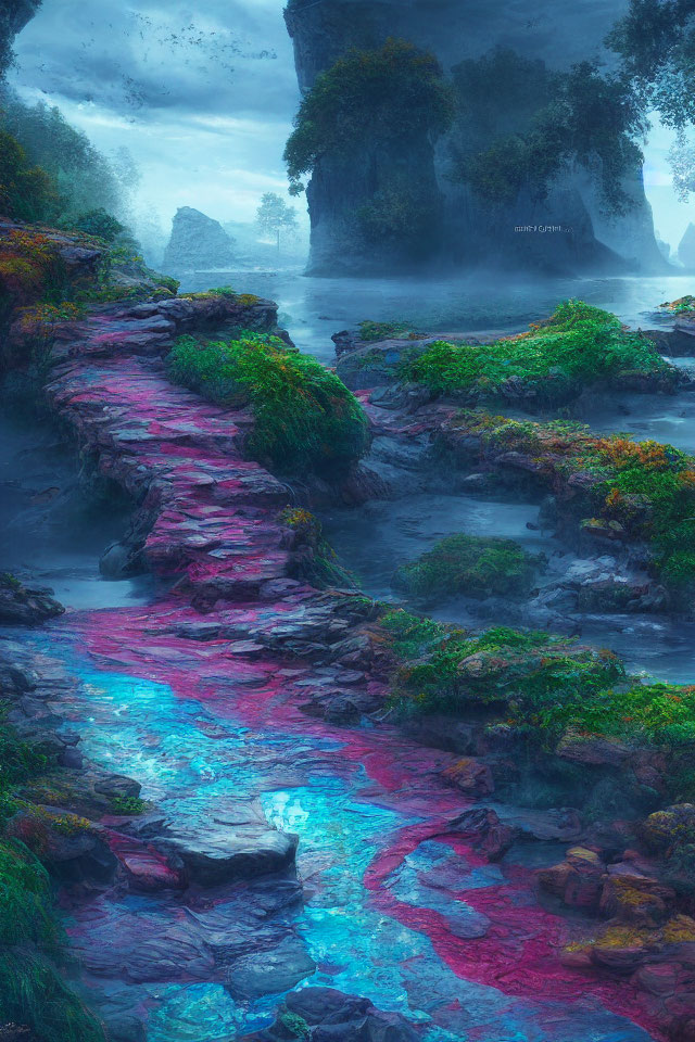 Misty landscape with glowing river and towering cliffs