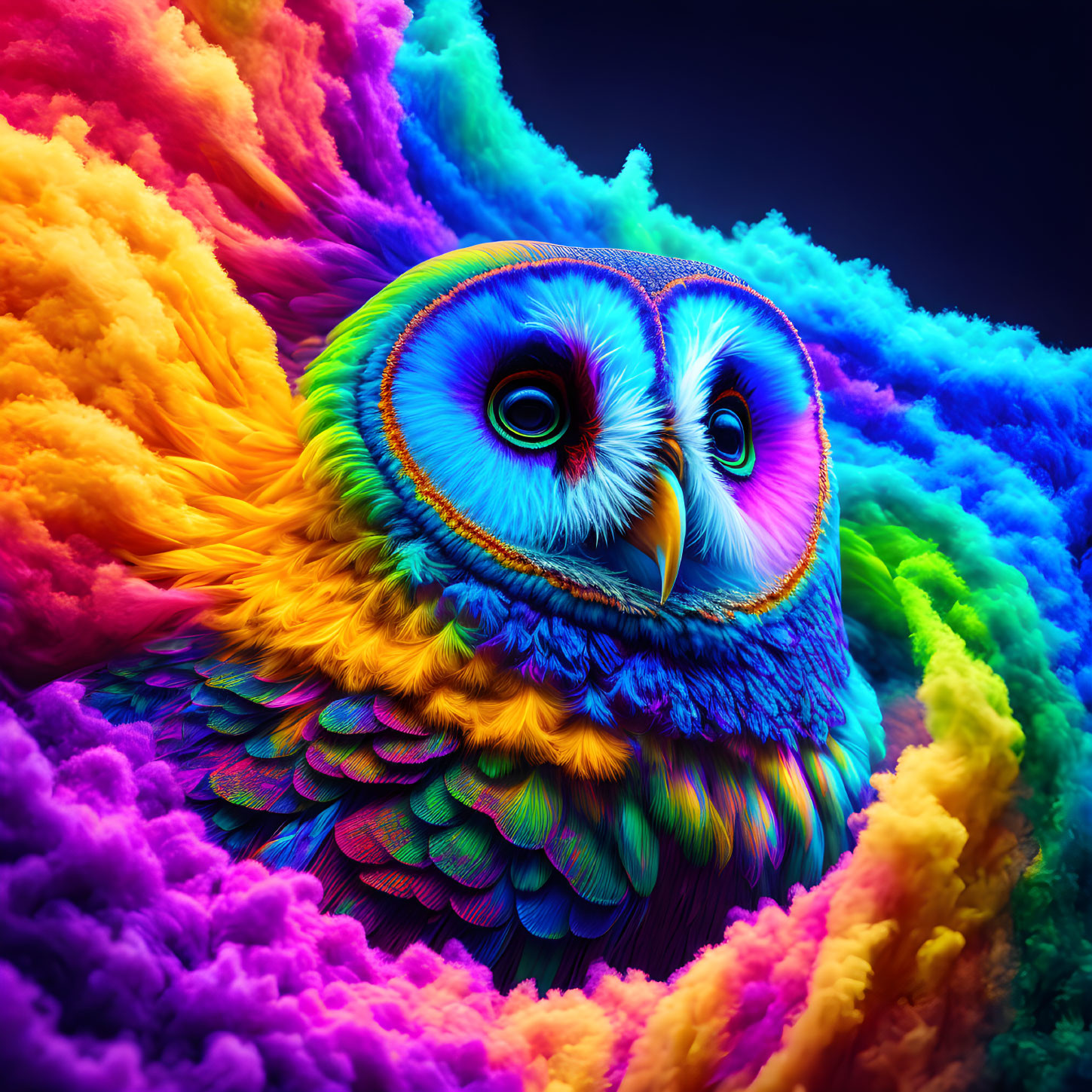 Colorful Neon Owl Contrasted with Dark Swirling Clouds