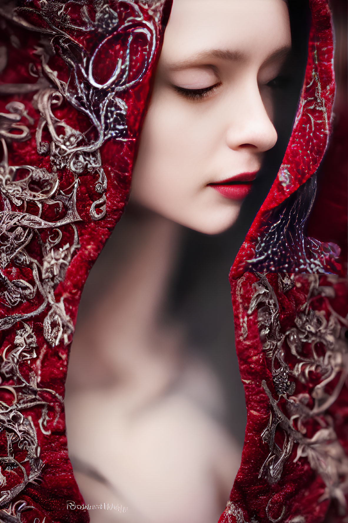 Detailed close-up of person in red embroidered hood with closed eyes