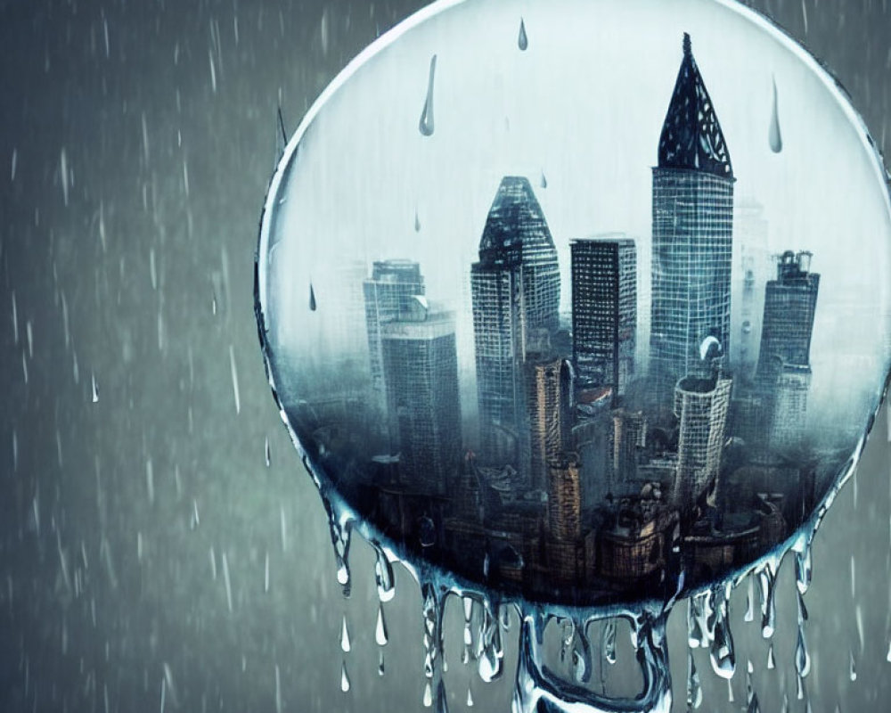 Urban skyline reflected in water droplet with rain and buildings.