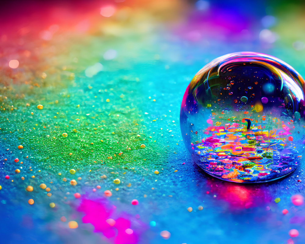 Colorful Soap Bubble Reflecting Kaleidoscope Hues on Bright Surface