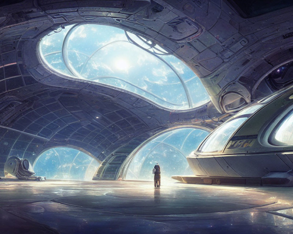 Person in futuristic spaceship hangar with glass dome ceiling.