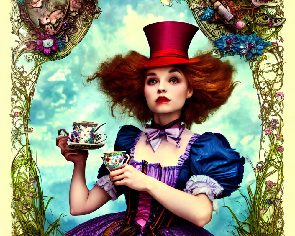 Woman in Mad Hatter costume with teacup, whimsical frames, and characters.