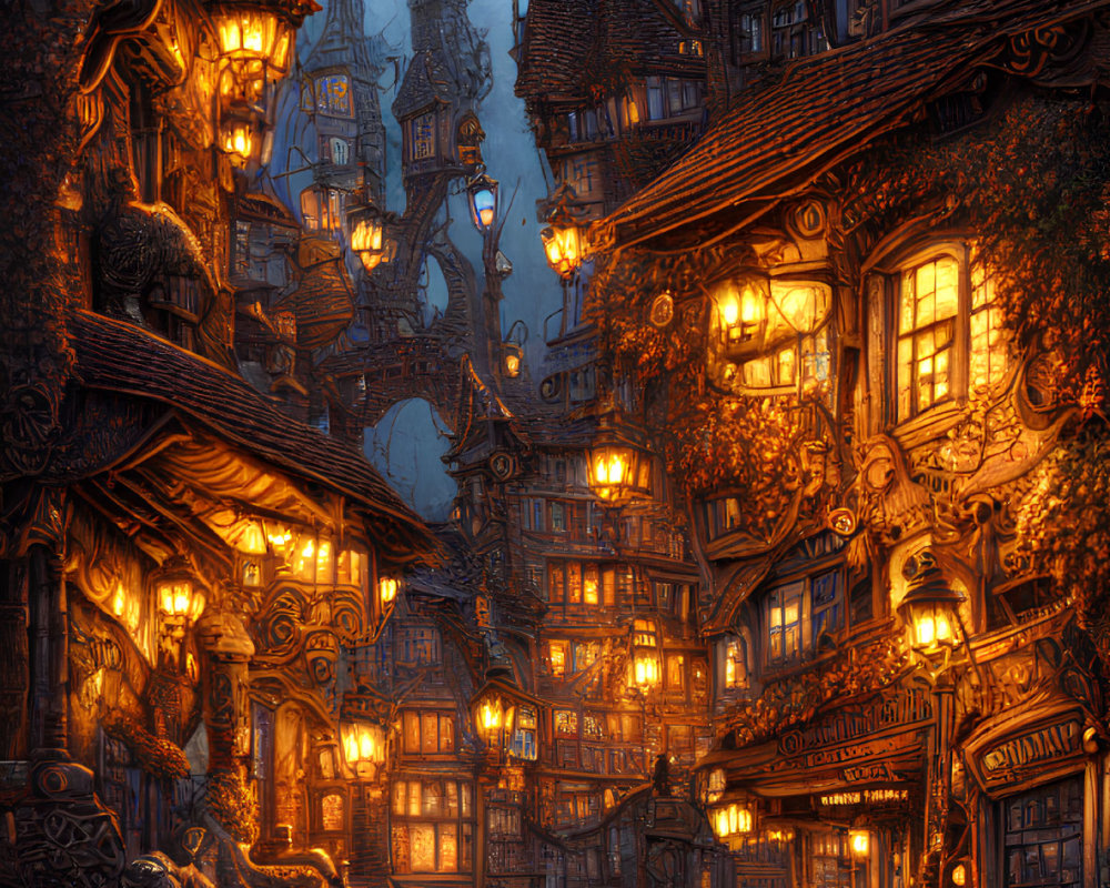 Medieval cobblestone street at night with warm lantern light