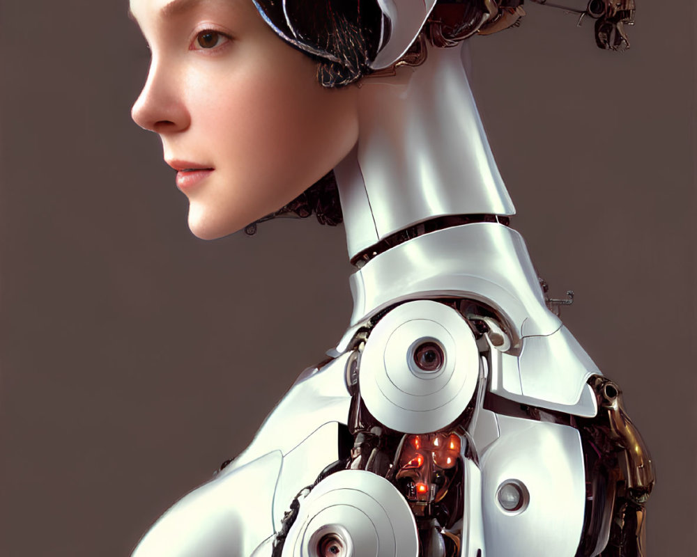 Female android with exposed mechanical parts on head and neck.
