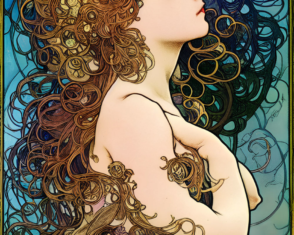 Woman with golden hair in Art Nouveau style against blue stained glass background
