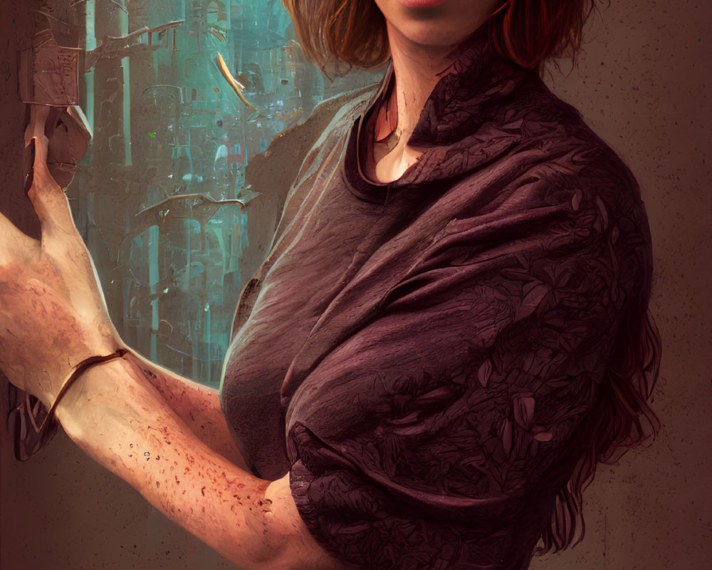 Auburn-Haired Woman with Gun in Dark Shirt and Glasses on Industrial Background