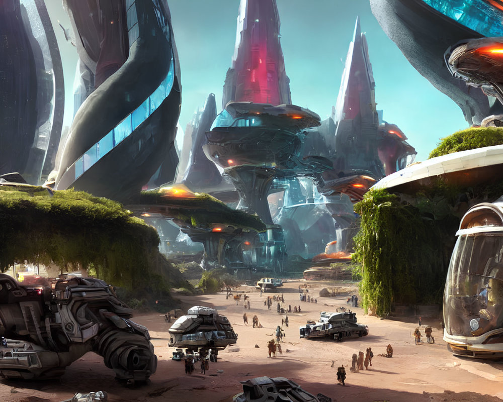 Futuristic cityscape with crystalline towers, advanced vehicles, and bustling inhabitants.