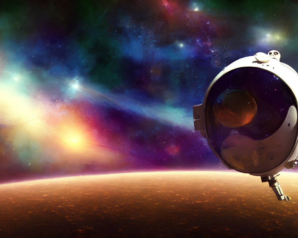 White Space Helmet with Dark Visor Floating Above Rocky Planet Against Cosmic Backdrop