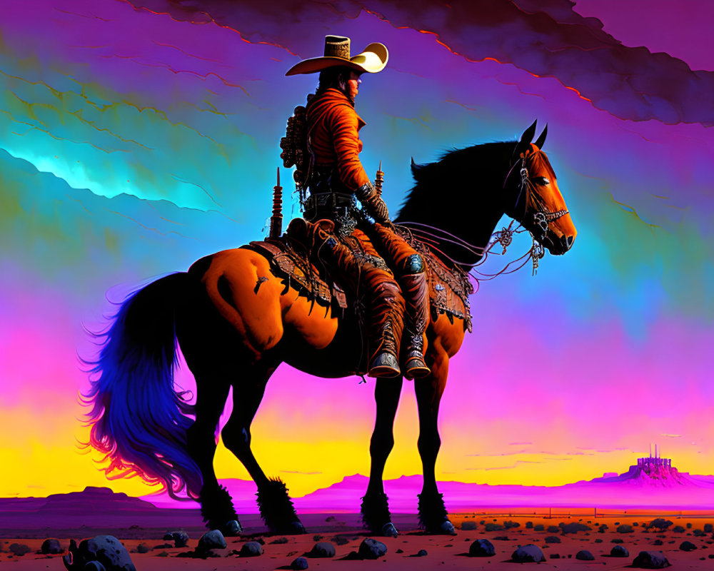 Colorful cowboy horse riding illustration at sunset with mountain silhouette