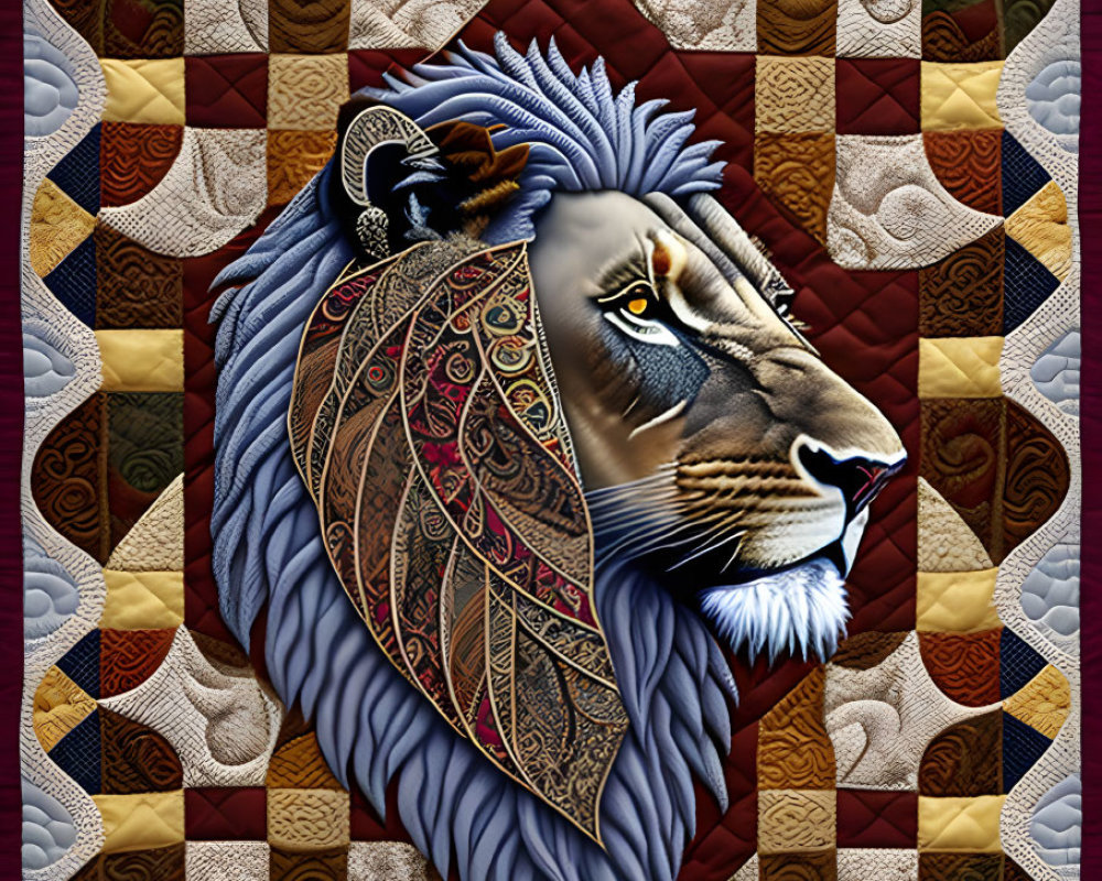 Majestic lion's head digital artwork on colorful quilt background