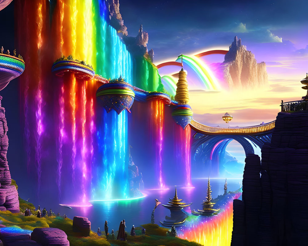 Multicolored Waterfalls and Floating Islands in Twilight Fantasy Landscape