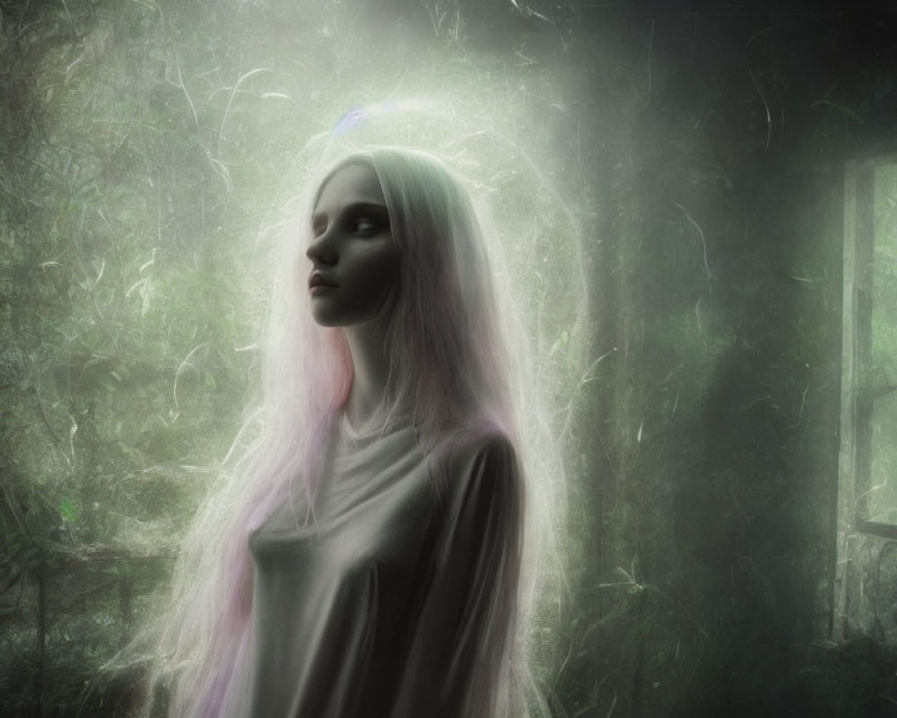 Pale woman with long white hair in misty forest with surreal glow and window to darkness