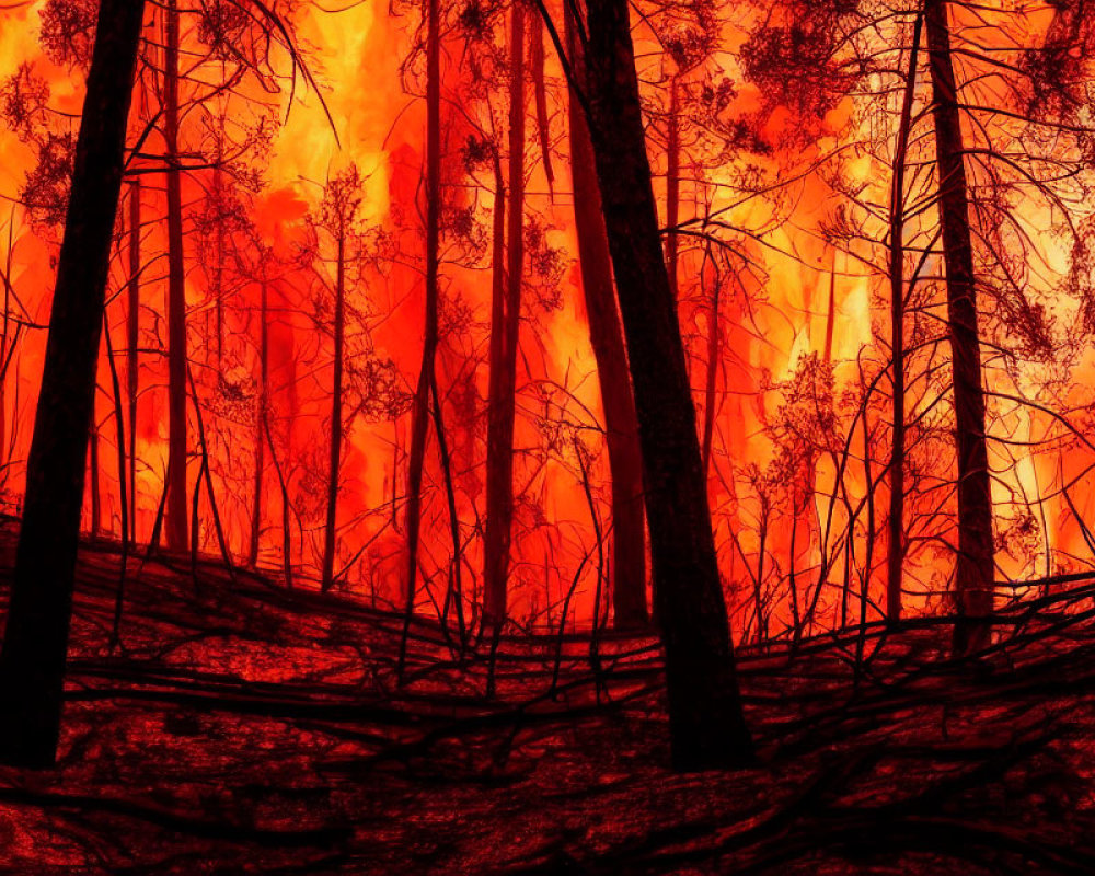 Intense forest fire with vibrant flames and smoke under dark sky