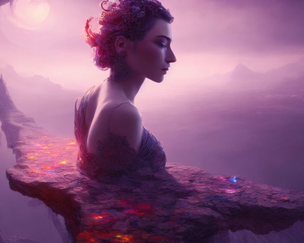 Woman with Floral Hairstyle Overlooks Purple-Tinted Mountains at Sunset