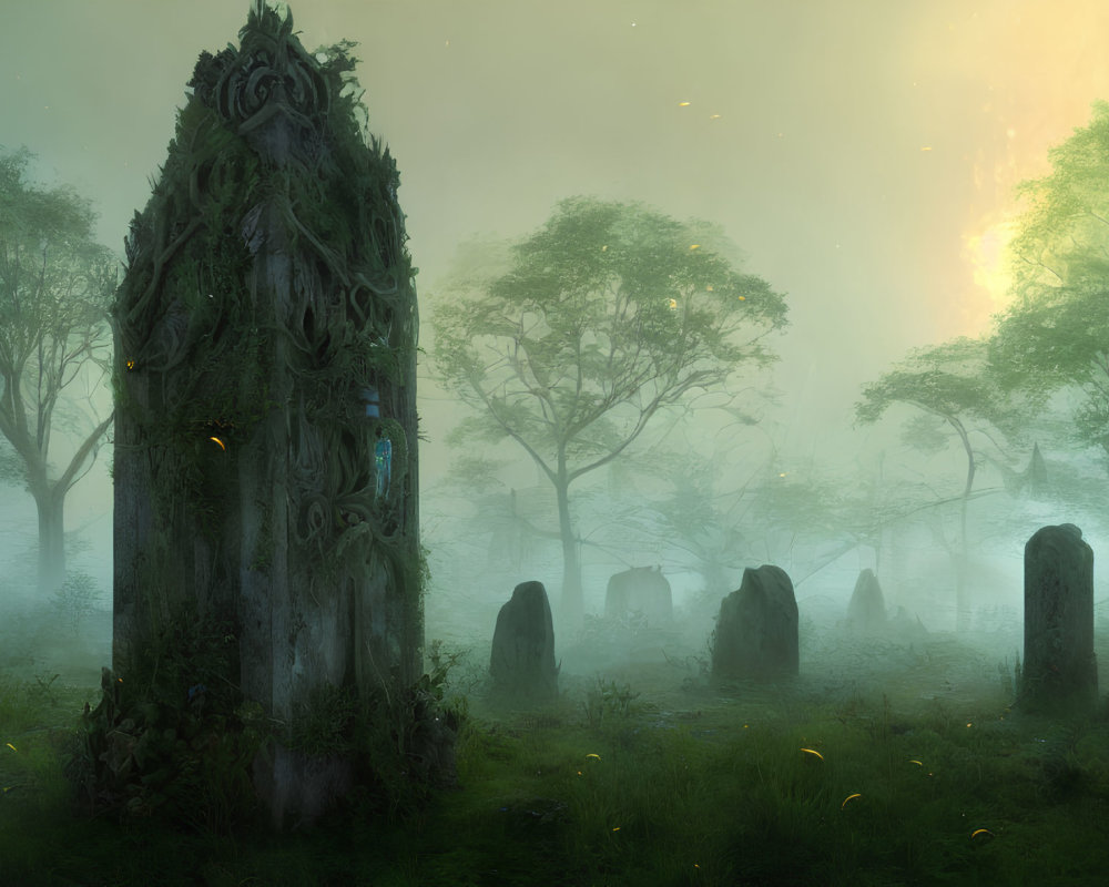 Ethereal forest scene with ancient tombstone and misty trees