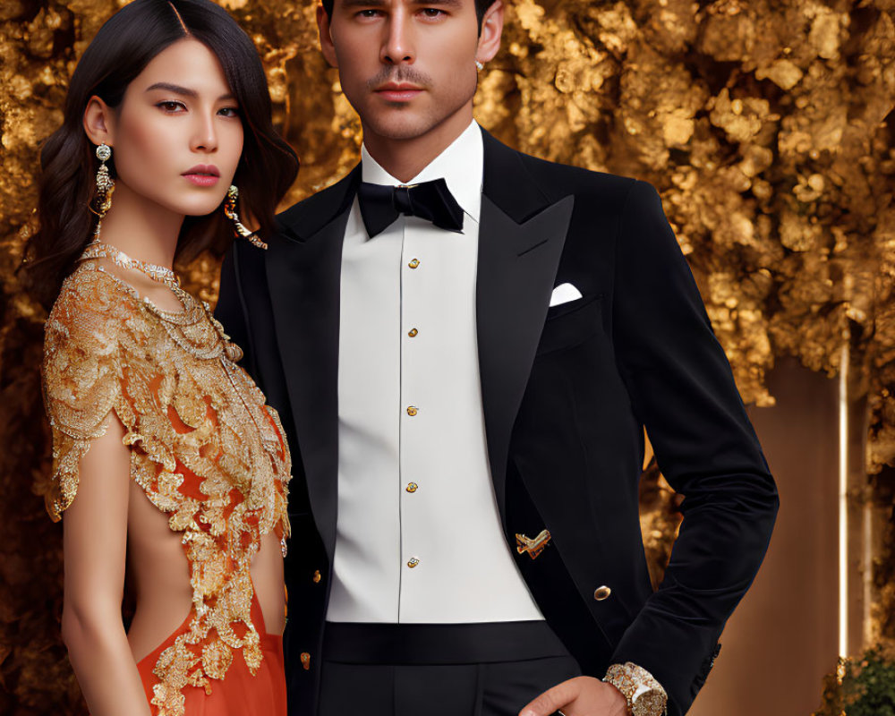 Formal couple in black tuxedo and red dress against golden floral backdrop