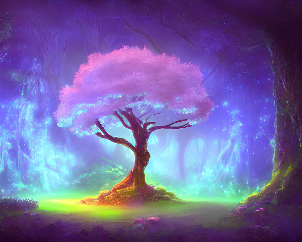 Fantasy forest with purple and blue hues, solitary tree with pink foliage