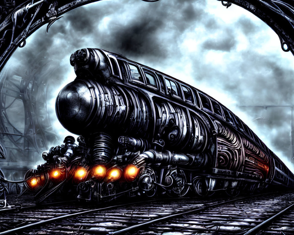 Glowing futuristic train emerges from tunnel under stormy sky
