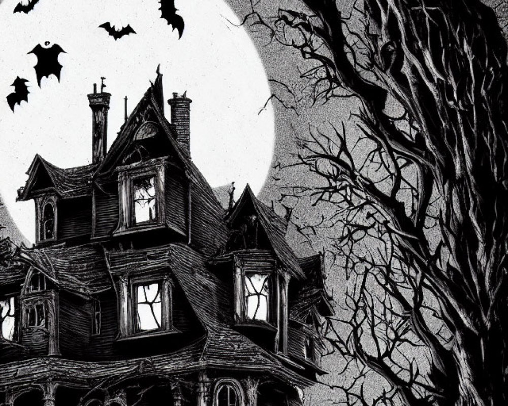 Gothic architecture haunted house under full moon with bats and barren tree.